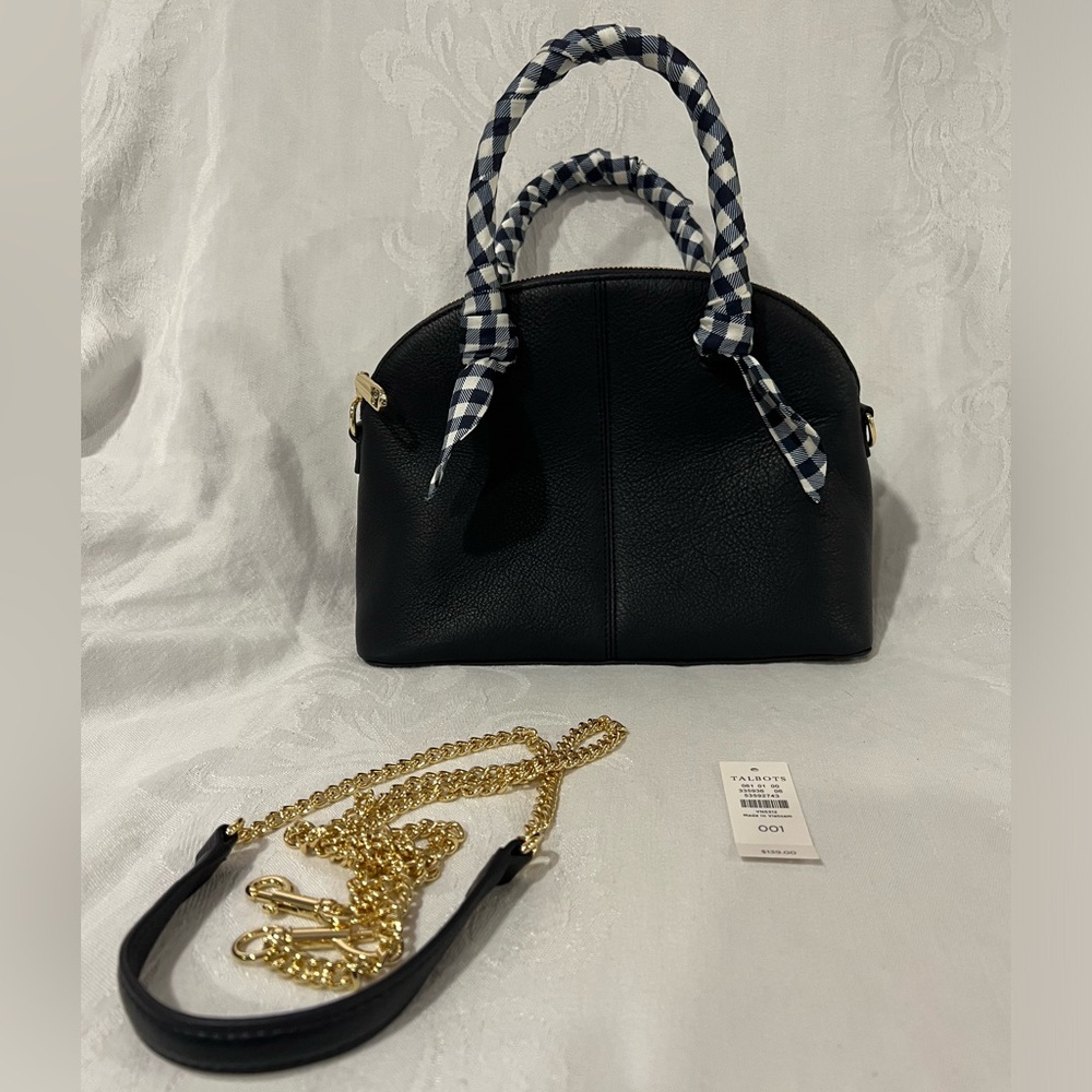 Talbots navy leather handbag with cloth navy and ivory gingham handles and gold